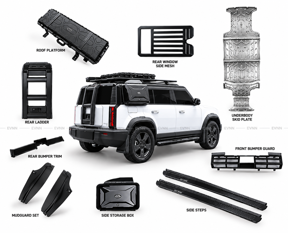 A white SUV shown on a light gray background with multiple black vehicle accessory parts labeled around it, including roof platform, rear window side mesh, rear ladder, underbody skid plate, front bumper guard, mudguard set, side storage box, side steps, and rear bumper trim.